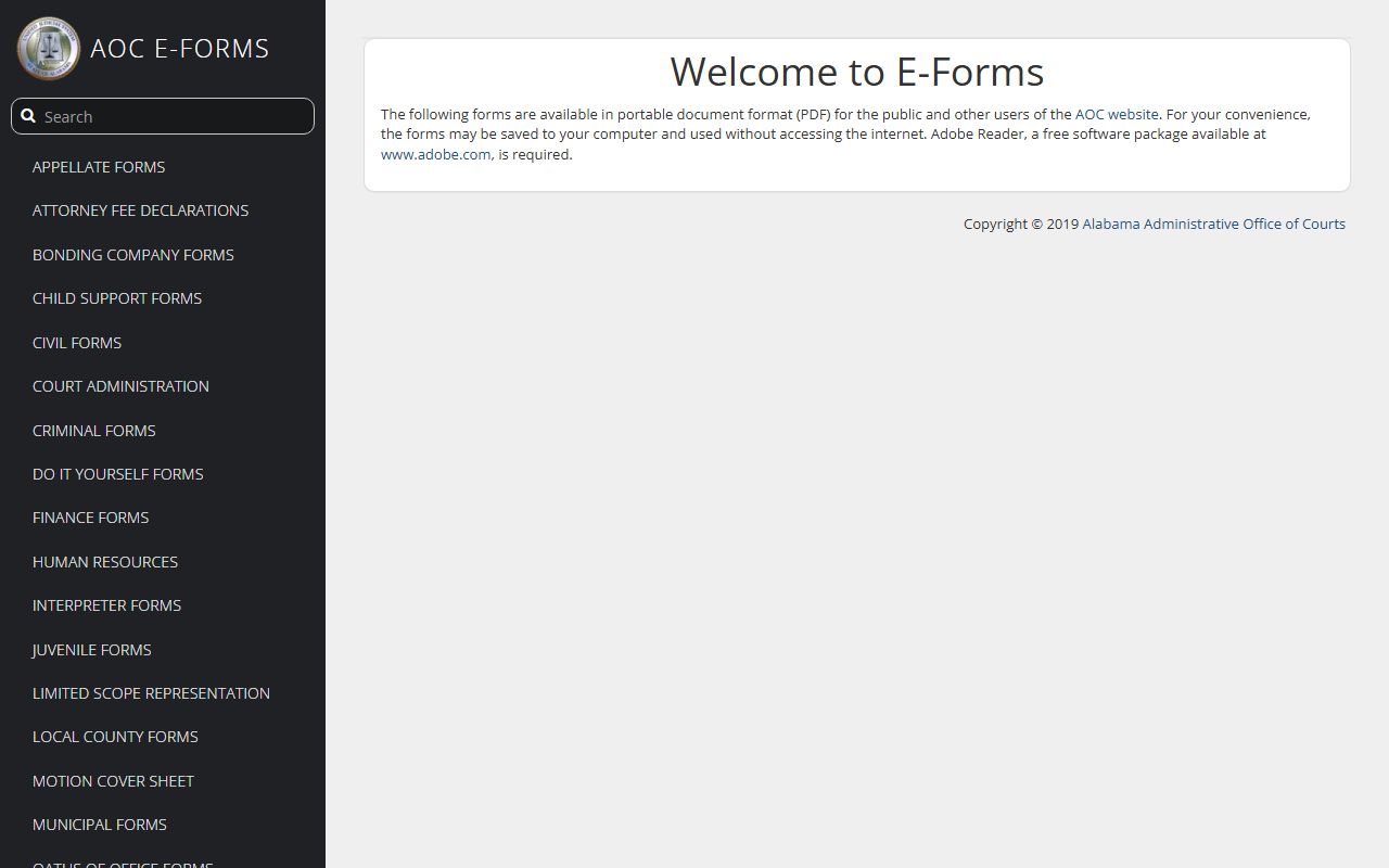 Alabama court forms eForms site linked from Mobile County court links