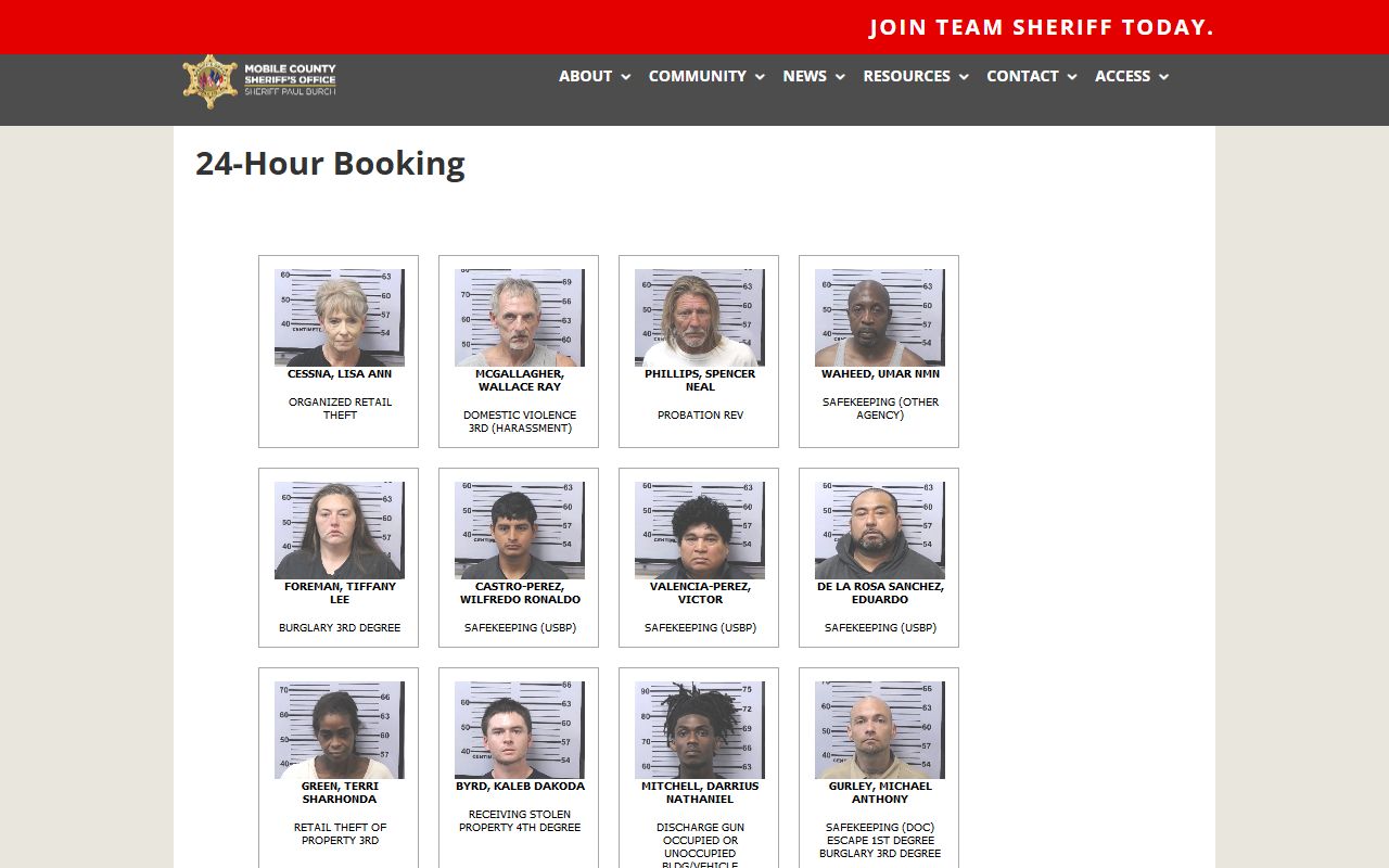 Mobile County Sheriff 24-hour booking report for criminal records