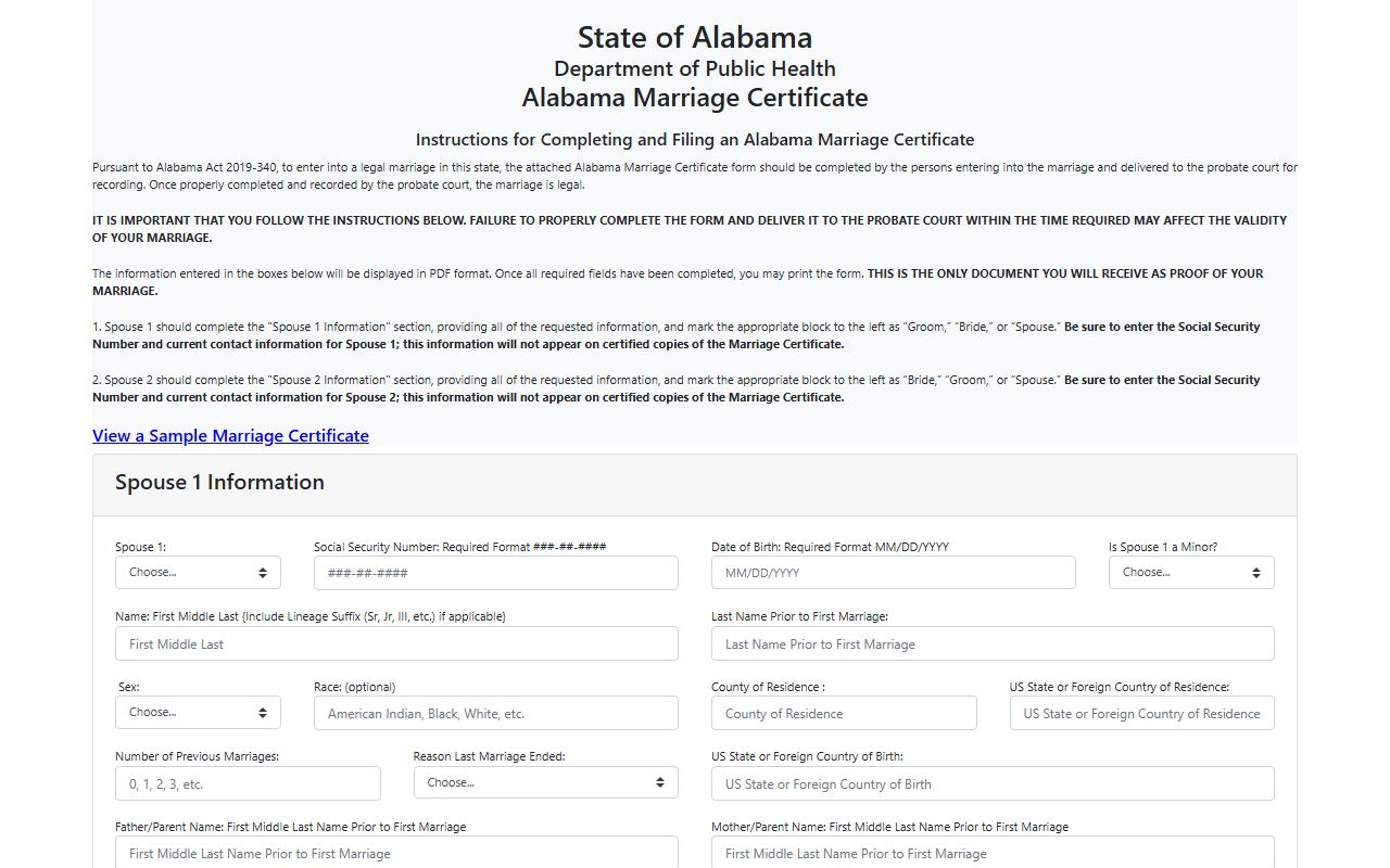 Alabama marriage certificate adult form linked from Mobile County Probate Court