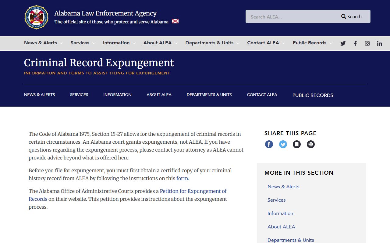 ALEA criminal record expungement page Mobile County reference