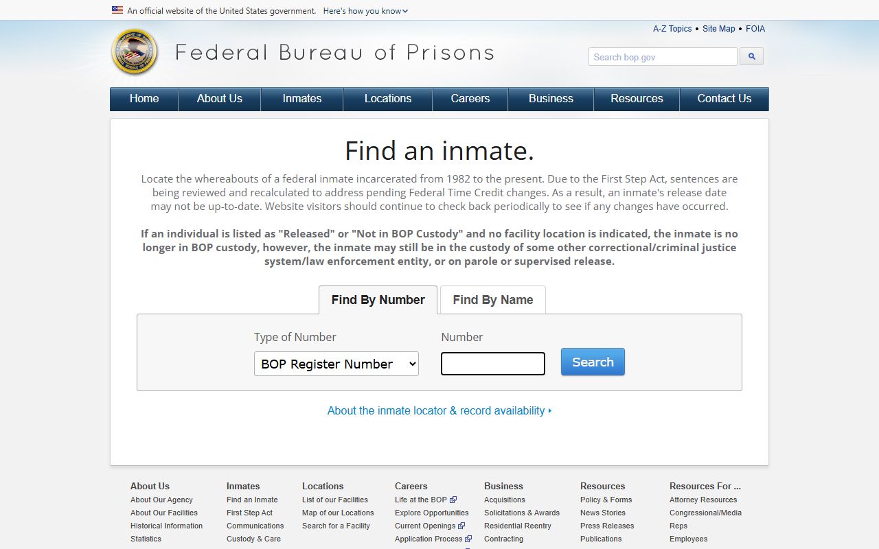 Federal Bureau of Prisons inmate locator BOP search